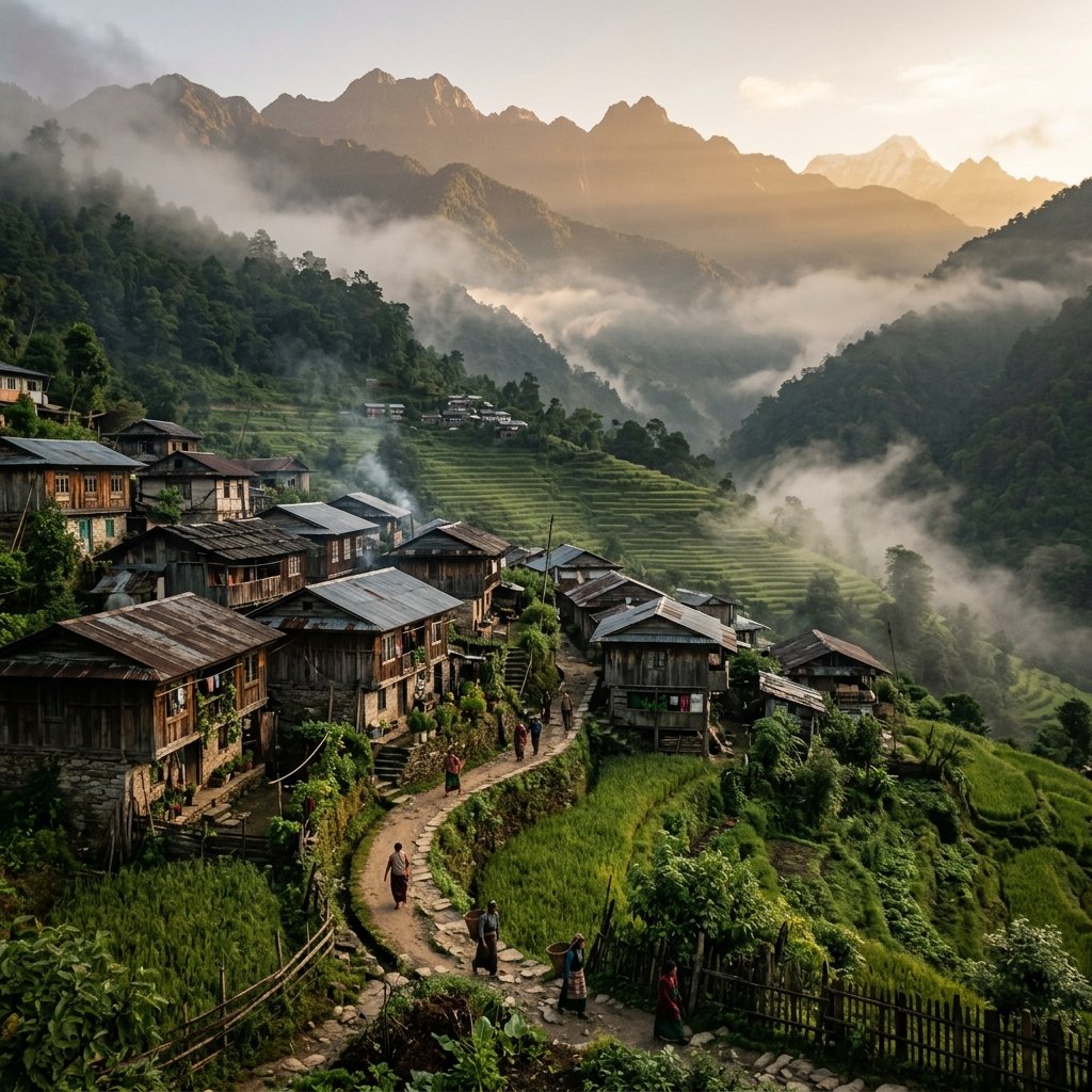 Misty Himalayan hill village at dawn with traditional wooden houses and terraced fields